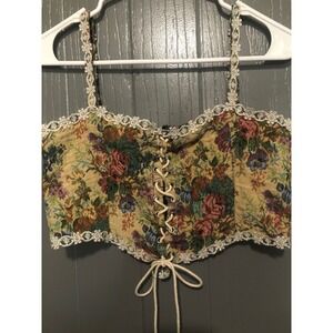 Vintage Floral Tapestry Corset Top Lace Up Boho Cottagecore Size L